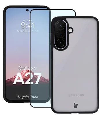 Produktbild von Schutzhülle + gehärtetem Glas für Galaxy A27 5G, Bizon Angelo Pack, Getönte mit schwarzem Rahmen