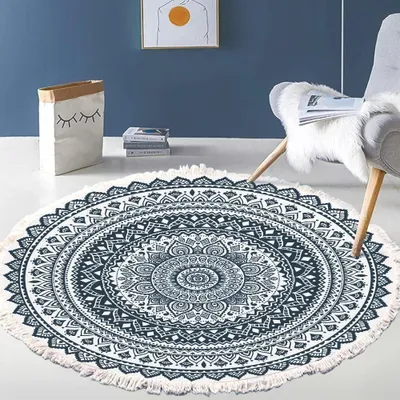 Zdjęcie produktu dla Okrągły Vintage Boho Dywan - Wzór Mandali - Można prać - Ręcznie tkany - 120 cm