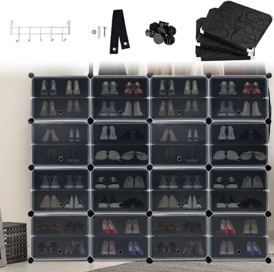 Produktbild von Stojan na boty 4 * 8 úrovní DIY skříňka na boty PP Plastové úložiště obuvi 32 přihrádek s dveřmi Modulární stojan na boty Úspora místa pro třídění bot, černá CEEDIR