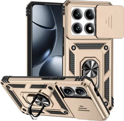 Immagine prodotto di Custodia per Xiaomi 14T Pro a doppio strato con copertura della fotocamera scorrevole e supporto ad anello Oro