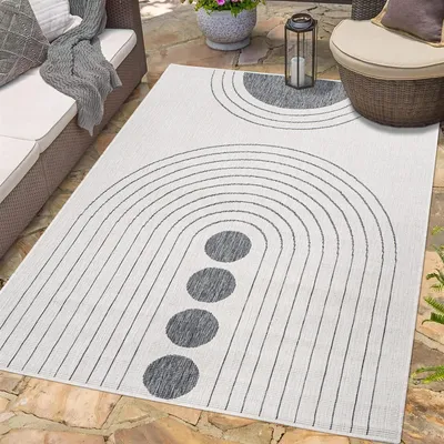 Produktbild von Teppich Outdoor Wetterfest - Grau, Creme - Wendeteppich - 120x170 cm - Kreis-Muster