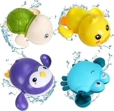 Produktbild von Baby Badespielzeug 4 Stück, Niedliche Tiere, Ente, Schildkröte, Krabbe, Pinguin, Für Bad und Pool, 1-4 Jahre