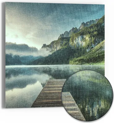 Produktbild von DEQORI Hybrid Leinwand Bild 30x30 cm 'Nebelgeheimnis am See' Wandbild Glas flach modern