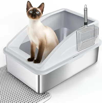 Produktbild von XXL Katzenklo Edelstahl mit Schaufel und Matte, Anti-Leckage Design, Große Katzentoilette