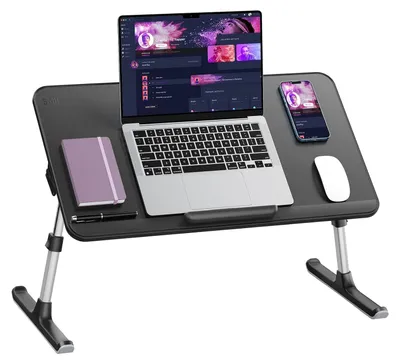 Image de Tablette pour ordinateur portable, dimensions 60 x 33 cm, noire, réglable en hauteur et en inclinaison, idéale pour le télétravail