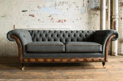 Zdjęcie produktu dla Sofa Chesterfield, szare, 3-osobowe, tapicerowane skórą, do salonu