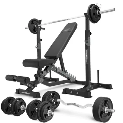 Immagine prodotto di Marbo Sport - Set MS34_2.0_113KG_G | Panca bifacciale + rack per manubri (2 pezzi) con fermo di sicurezza + barra gommata e set di piastre peso 113 kg