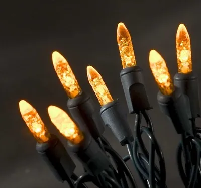 A close-up view of several orange LED lights on a black string against a dark background.