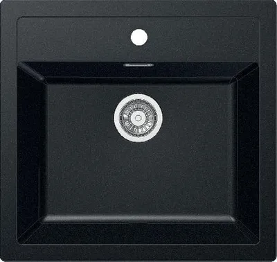 A top-down view of a black kitchen sink.