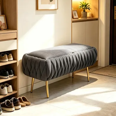 Produktbild von Modern Sitzhocker mit Stauraum, Quadratisch Bettbank mit Goldenen Metallbeinen, Gepolsterte Sitzbank Flur, Samt Sitztruhe mit Stauraum für Flur, Eingangsbereich, Schlafzimmer (Grau)