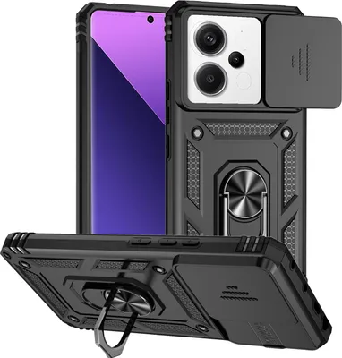 Immagine prodotto di Xiaomi Redmi Note 13 Pro 5G custodia a doppio strato con copertura scorrevole della fotocamera e supporto ad anello nero