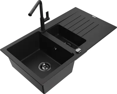 Produktbild von Mexen Matias 1,5-Becken-Granitspüle mit Abtropffläche und Mischbatterie Flora, Schwarz - 6502-77-670401-70-B