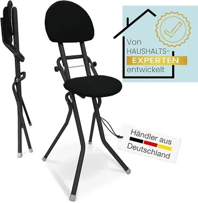 Produktbild von Sitzhilfe, Bügelstehhilfe rückenschonend, rutschfest u. platzsparend, 3-Fach höhenverstellbar (58-65 cm), mit Rückenkissen, belastbar bis 120kg, Schwarz 45 x 98 x 47 cm