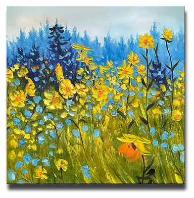 Acryl-Leinwand-Gemälde mit Wildblumenwiese, 60×60 cm, aufhängefertig