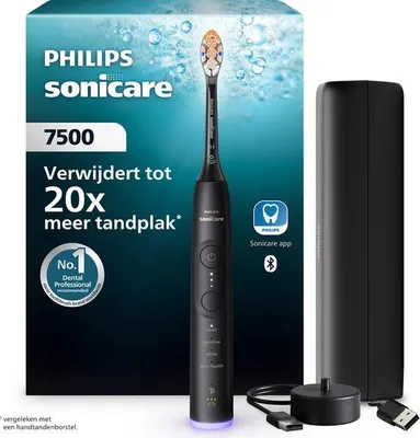 Zdjęcie produktu dla Philips Series 7500 HX7421 Ładowana szczoteczka do zębów, Dorosły, Soniczna szczoteczka do zębów, Delikatny, Pielęgnacja dziąseł, Wybielający, 62000 ruchów na minutę, Czarny, 2 min, 4 x 30 sec