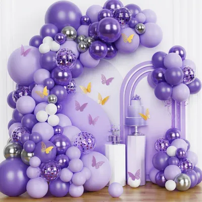 Zdjęcie produktu dla Zestaw girland z balonów, 155 sztuk, fioletowy, z 12 motylami, idealny na urodziny, baby shower i wesela