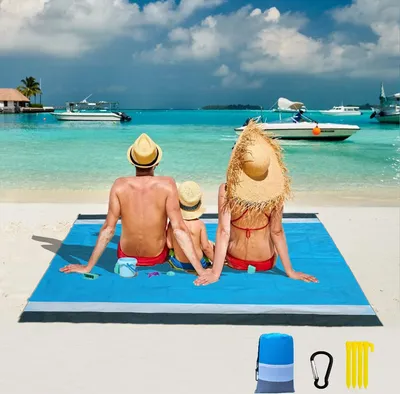 Produktbild von Strandmatte 200 x 210 cm, Anti-Sand-Strandtuch, wasserdichte Bodenmatratze mit 4 Heringen, faltbare Picknickdecke, Matte, Strandzubehörkorb, Outdoor-Gartenmatte, 4–6 Personen