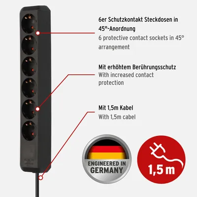 Productafbeelding van Brennenstuhl Eco-Line stekkerdoos met 6 stopcontacten, zwart, 1,5 meter, kabel H05VV-F 3G1,5, artikelnummer 1159400015