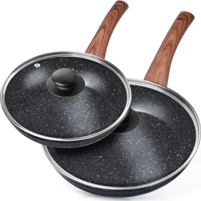 Obrázok produktu pre Vilde | Súprava 2 panvíc - Panvica 20/26 cm - s pokrievkou - Indukčná panvica s nepriľnavým povrchom - ČIERNA a DREVENÁ