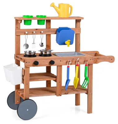 Produktbild von KOMFOTTEU Matschküche Kinder, Outdoor Spielküche inkl. 15 Zubehörteilen mit Blumentöpfen, Wassertank, Spülbecken, Griff & Rädern, Gartenküche aus Massivholz für Junge und Mädchen ab 3 Jahren