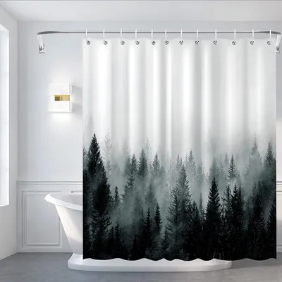Produktbild von Duschvorhang mit Waldmotiv, 180 x 180 cm, strapazierfähiges Polyestergewebe, wasserdicht, mit 12 Haken