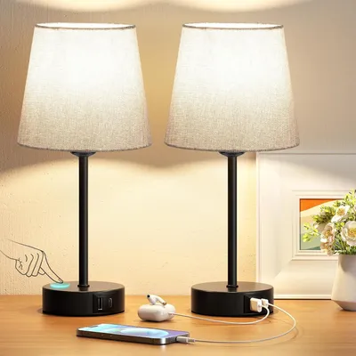 Produktbild von Nachttischlampe Touch Dimmbar 2er Set mit USB A USB C Ladefunktion LED Tischlampe Grau für Schlafzimmer Wohnzimmer