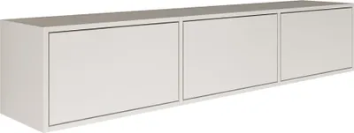A white, wall-mounted TV cabinet with three doors, shown from a slight diagonal angle.