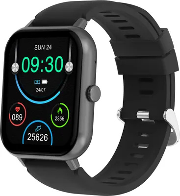 A smartwatch with a black band and a gray casing is shown against a light gray background.
