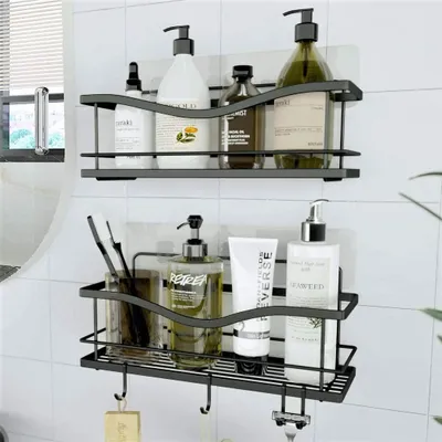 Produktbild von Duschablage-Set, 2er-Pack – Badezimmerkorb, kein Bohren erforderlich – Schwarzes, wandmontiertes Ablageregal für Dusche und Badewanne mit Zubehörhaken