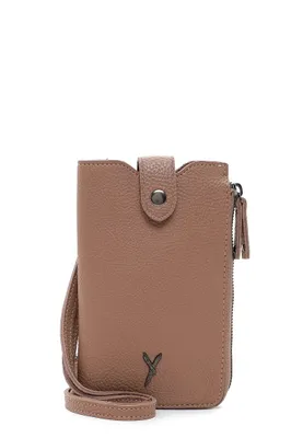 A taupe-colored phone bag with a strap and a zipper is shown against a white background.