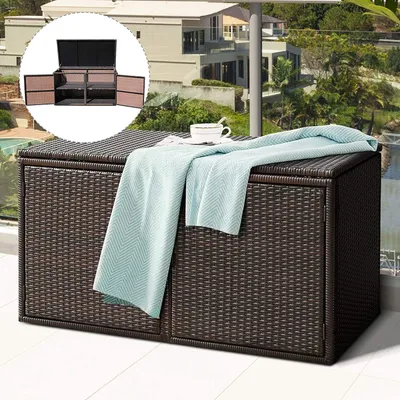 Produktbild von Auflagenbox 330 L mit Deckel & Doppeltüren, Rattan-Gartenbox mit 2 Ablage, Aufbewahrungsbox, Kissenbox für Vordergarten, Hinterhof (Braun)