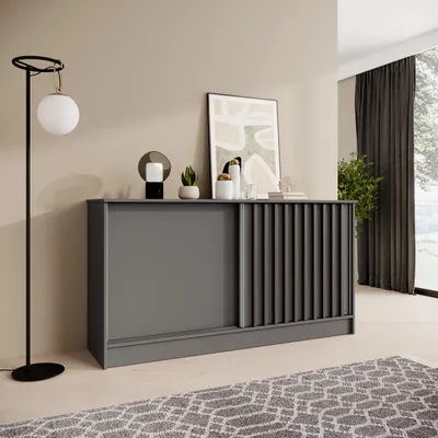 Produktbild von BEAUTYSOFA | Kommode HORIZON 160 cm Graphit, Schwarz mit Lamellen Sideboard mit 2 Schiebetüren, Modernes Design, viel Stauraum