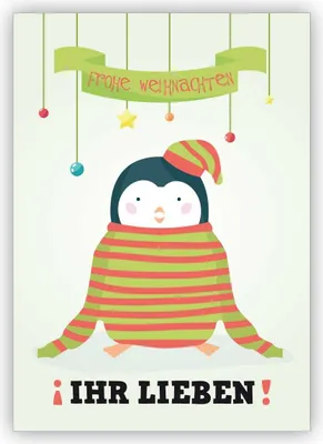 Produktbild von Süße Weihnachtskarte mit Pinguin in großem Pullover: Frohe Weihnachten Ihr Lieben