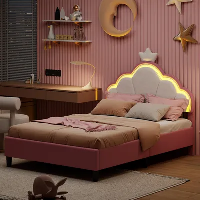 Obrázok produktu pre UnboxG detská postel 90 x 190 cm, zamatová, s LED osvetlením, nastaviteľnou opierkou hlavy a roštom