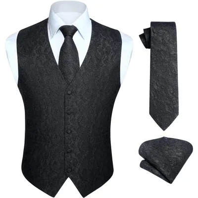 Produktbild von Anzugweste Herren Paisley Floral Jacquard Set mit Krawatte und Einstecktuch Schwarz Größe S