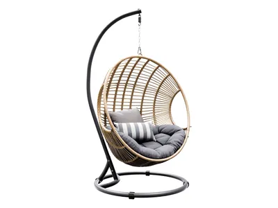 A hanging egg chair with cushions on a white background.
