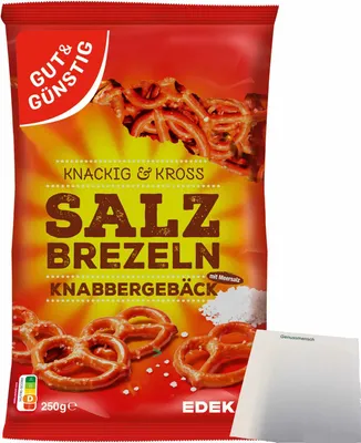 Produktbild von Gut & Günstig Salzbrezel Knabbergebäck Knackig & Cross mit Meersalz (250g Packung) + usy Block