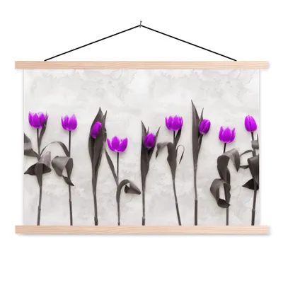 Produktbild von MuchoWow® Textilposter Blumen - Tulpen - Lila 120x80 cm mit holzfarbenen Rahmen - Aufhängeset