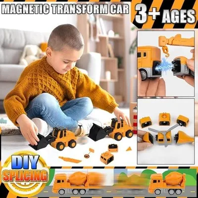 Zdjęcie produktu dla Magnetyczny samochód inżynieryjny do transformacji - 35-częściowa magnetyczna zabawka konstrukcyjna dla dzieci - 1-3 transformowalny samochód robot - dzieci bawią się pojazdami budowlanymi na zewnątrz - zabawa dla maluchów