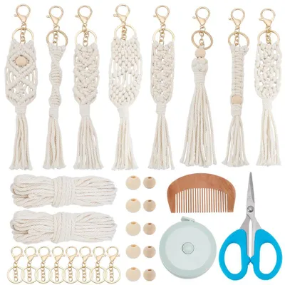 8er Set Makramee Schlüsselanhänger Bastelset Boho mit Holzkugeln