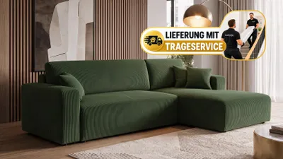Produktbild von Ecksofa, Schlafsofa, mit Bettkasten 279x187cm CORD (GRÜN) - RECHTS - PULA