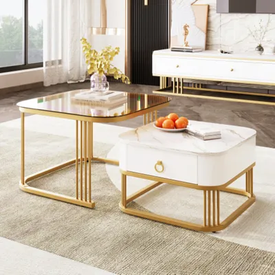Produktbild von Couchtisch,Marmoroptik und Glasplatte, goldene Akzente, Beistelltisch mit Schubladen. zweiteiliges Set
