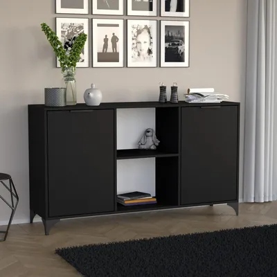 Produktbild von BEAUTYSOFA Kommode HOME 150 cm in Schwarz, 2-türiges Sideboard mit zwei offenen Regalfächern, Griffen und Metallbeinen, Anrichte für Wohnzimmer & Flur