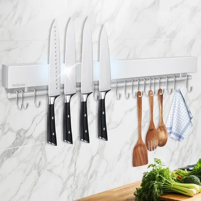 Produktbild von Magnetischer Messerhalter für die Wand, Edelstahl, Magnet-Messerleiste, ohne Bohren, mit 15 Haken/Klebeband/Schrauben, Küchenutensilienhalter, magnetischer Messer-Organizer, Wandmontage