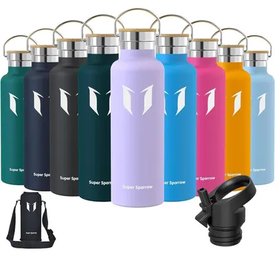 Produktbild von Trinkflasche Edelstahl 750 ml Lavendel Auslaufsicher BPA-Frei mit 2 Deckeln