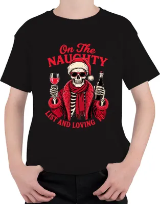 Produktbild von On The Naughty List And Loving It Weihnachten Totenkopf Wein Uni Kinder T-Shirt, Schwarz, 128