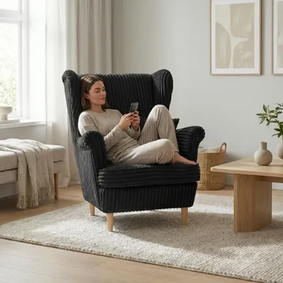 Produktbild von Ohrensessel IDYLLA – skandinavischer Sessel mit breitem Cordbezug, Schwarz, Family Meble