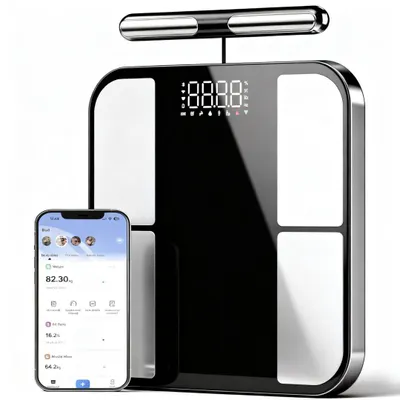 Produktbild von 8‑Elektroden Körperfettwaage mit BIA – Ganzkörperanalyse, LED‑Display, Bluetooth & App, 56 essentielle Körperdaten, bis 180 kg – für Zuhause & Fitness