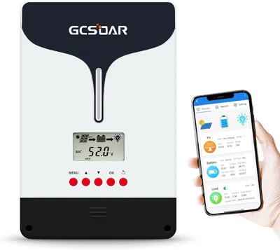 Immagine prodotto di Regolatore di carica solare MPPT da 100A, compatibile con sistemi a 12V, 24V e 48V, dotato di display LCD e monitoraggio tramite app