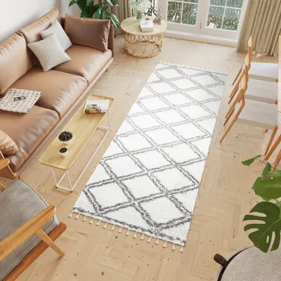 Obrázek produktu pro Koberec běhoun chodba koberec vysoký vlas dlouhý vlas moderní most obývací pokoj ložnice design krémová šedá třásně 100 x 300 cm